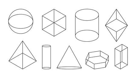 Volumetric basic geometric shapes. Black linear simple 3d figure with invisible shape lines. Isometric views sphere and cube, cylinder and cone and other forms. Isolated on white vector illustrationのイラスト素材