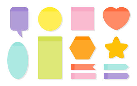 Memory notes planning sticker set. Template empty colored paper for notepad or task list. Different shapes as speech bubble, heart, round, star, square. Kit memo blank reminders. Vector illustrationのイラスト素材