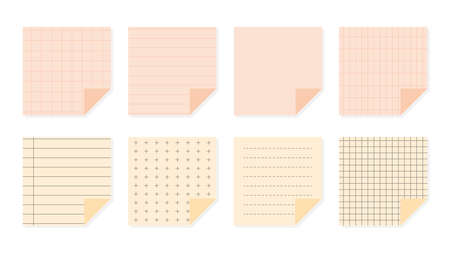 Flat pastel paper notes set. Squared templates sheet with different linear, cross, dotted and grid patterns. School elements, notebook paper. Copybook cover. Isolated on white vector illustrationのイラスト素材