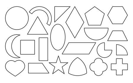 Black outline geometric shapes icons set. Linear template simple basic figures. Educational material for children. Elements as square and rectangle, ellipse and triangle. Isolated vector illustrationのイラスト素材