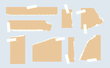 Set of ripped craft paper different shapes. Templates of torn empty page with sticky tape. Piece memo sheet for scrapbook or notebook. Tattered chunk for text reminders notice. Vector illustrationのイラスト素材