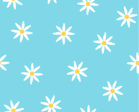 Abstract seamless pattern. Limitless art white chamomile on blue background, doodle hand drawn repeat ornament. Boundless decor for fabric, paper wrap, print, wallpaper design. Vector illustrationのイラスト素材