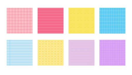 Flat colored paper notes set. Squared templates sheet with different linear, cross, dotted and grid patterns. School elements, notebook paper. Copybook cover. Isolated on white vector illustrationのイラスト素材