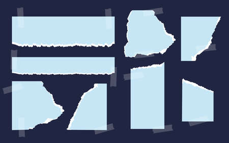 Set of torn blue paper of different shapes with adhesive tape. Blank ripped paper templates with frayed edge for scraps, reminder, note. Piece memo sheet for scrapbook or notebook. Vector illustrationのイラスト素材