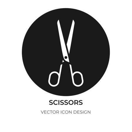 White silhouette scissor icon in black circle. Flat style graphic design template for  app, ui. Pictogram simple hair scissors closeup. Modern graphic sign open shear Isolated vector illustrationのイラスト素材