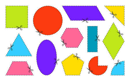 Colored geometric border with thin dotted line. Set of different shapes with cut lines. Open scissors for cutting math form. Cutout paper. Educational game for kids school Isolated vector illustrationのイラスト素材