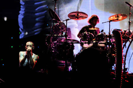 BANGKOK THAILAND SEPTEMBER 23 :Chester Bennington of Linkin Park perform on Linkin Park Live in Bangkok A Thousand Suns World Tour 2011 at Impact Maungthong Thani, September 23,2011 Bangkok Thailandのeditorial素材