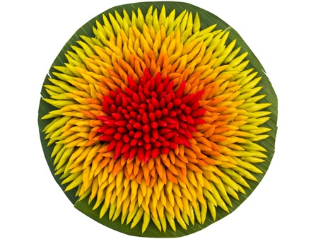 Deletable imitation fruits on banana leafの写真素材