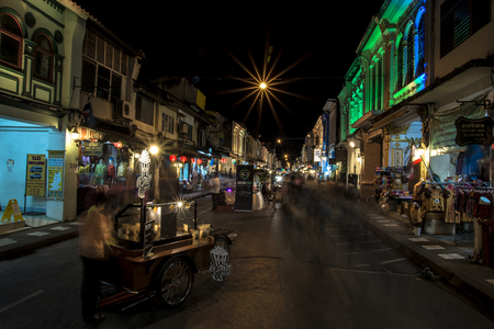 PHUKET, THAILAND - NOVEMBER, 01. 2015: People moving on the old town walking street market at Thalang Road on Nov, 01th 2015 in Phuket, Thailand.のeditorial素材