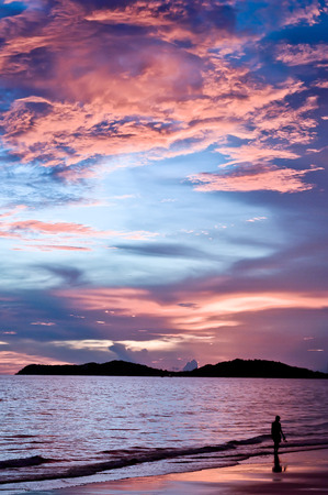 Sunset at Lammaepim Beach with a colorful twilight sky, Rayong, Thailand.の写真素材