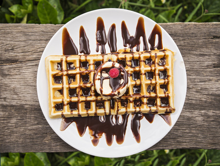 Waffle with Chocolate Sauce, Ice Cream and Raspberries.の写真素材
