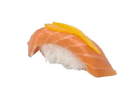 Nigiri Sushi with Orange Slice of Salmon Isolated on White Background.の写真素材