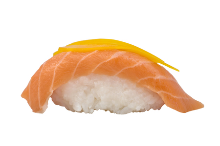 Nigiri Sushi with Orange Slice of Salmon Isolated on White Background.の写真素材