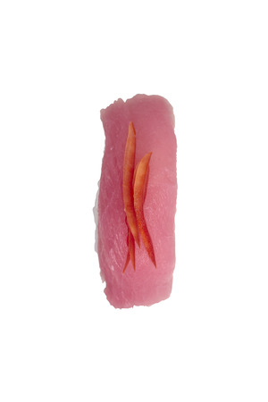 Close up of Tuna Sushi on White Background.の写真素材