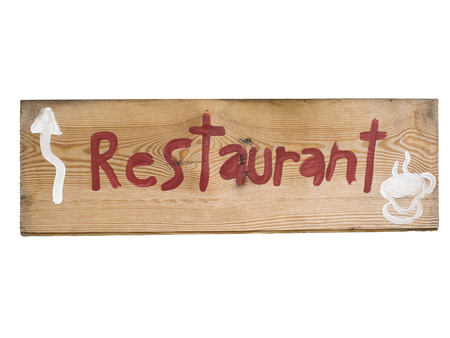 Sign Showing The Direction to a Restaurant Isolated on White Background.の写真素材