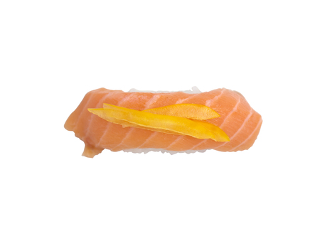 Nigiri Sushi with Orange Slice of Salmon Isolated on White Background.の写真素材