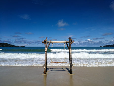 Exotic Tropical Paradise Swings over Crystal Clear Turquoise Blue Ocean Sea Water Landscape Seascapeの写真素材