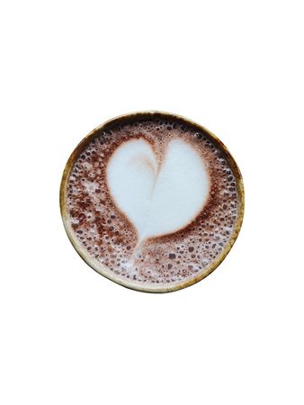 Hot coffee latte with latte art milk foam in cup mug isolated on white background.(Selective Focus)の写真素材