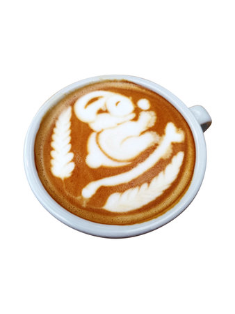 Hot coffee latte with latte art milk foam in cup mug on wood desk, top view.の写真素材