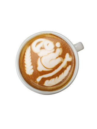 Hot coffee latte with latte art milk foam in cup mug isolated on white background. top view.の写真素材