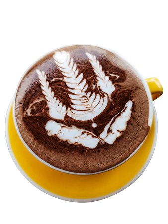 Hot Chocolate drink with latte art, top view.の写真素材