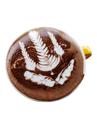 Hot Chocolate drink with latte art, top view.の写真素材