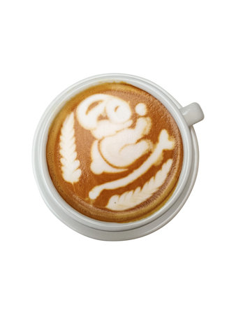 Hot coffee latte with latte art milk foam in cup mug isolated on white background. top view.の写真素材