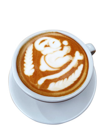 Hot coffee latte with latte art milk foam in cup mug on wood desk, top view.の写真素材