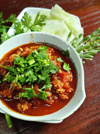 Nam Prik Ong, northern Thai food Made with minced pork sauteed with tomatoes and peppers Spicy chili paste and traditional Thai food. (Selective Focus)の写真素材