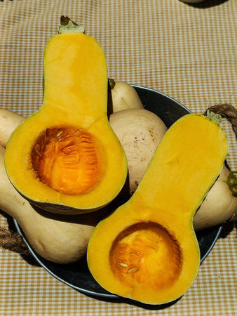 Halves of raw pumpkin or butternut squash.の写真素材