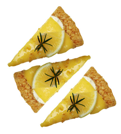 Lemon tart on white plate on white background. Tart with lemon curd in minimal style. Piece of lemon tart. Citrus cheesecake.の写真素材