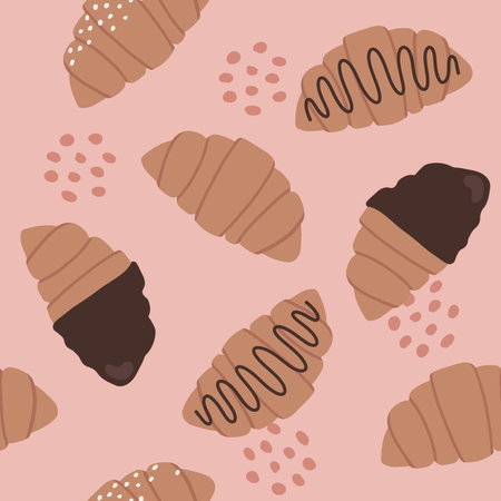 Hand drawn flat seamless pattern vector illustration of croissant bakery. Sweet breakfast pastry with sugar and chocolate toppings.For wallpaper, texture, background, gift wrap, prのイラスト素材