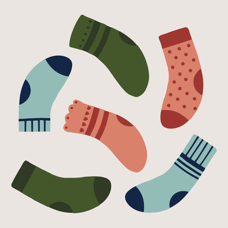 Hand drawn vector illustration of flat socks in different colors. Cute, winter holidays, bright modern concept. For wallpaper, texture, background, gift wrap, printのイラスト素材