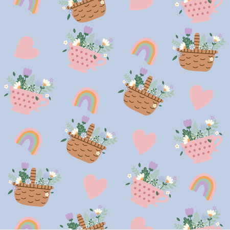 Hand drawn seamless pattern vector illustration of cute flower Valentine elements. Pastel hand drawn concept. For wallpaper, texture, background, gift wrap, print, background, textのイラスト素材