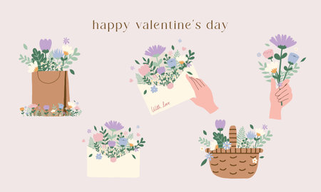 Hand drawn vector illustration of cute wild flowers in basket, bag, envelop, hand. Valentine, birthday, present, mother's day theme. Spring blossom flowers. For card, sticker, inviのイラスト素材