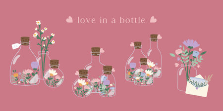 Hand drawn vector illustration set of different glass bottles with flowers inside. Valentine, birthday, present, mother's day theme. Spring blossom flowers. For card, sticker, inviのイラスト素材