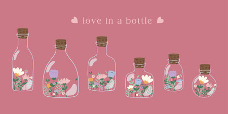 Hand drawn vector illustration set of different glass bottles with flowers inside. Valentine, birthday, present, mother's day theme. Spring blossom flowers. For card, sticker, inviのイラスト素材