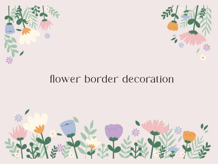 Hand drawn vector illustration of cute wild flowers border, corner and frame. Valentine, birthday, present, mother's day theme. Spring blossom flowers. For card, sticker, invitatioのイラスト素材