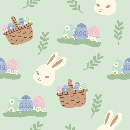 Hand drawn seamless pattern vector illustration of cute easter bunny and egg elements in pastel colour. For wallpaper, texture, background, gift wrap, print, background, textile, cのイラスト素材