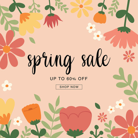 Spring sale background poster template. Vector abstract background with colorful leaves and flowers background. For vouchers, wallpaper, banners, headers, social media, sales, coupのイラスト素材