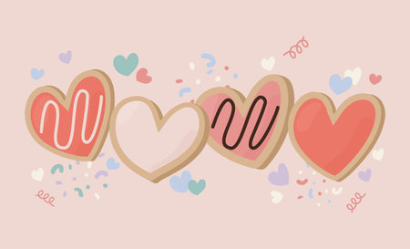 Hand drawn flat illustration of cute love heart shape cookie. Valentine's day, birthday, wedding concept. For poster, card, scrapbooking, tag, invitation, headboard, stickerのイラスト素材