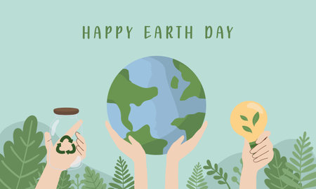Hand drawn vector illustration of earth day, world environment day concept minimal flat doodle drawing. Hands holding the earth, reusable container, green energy light bulb. For weのイラスト素材
