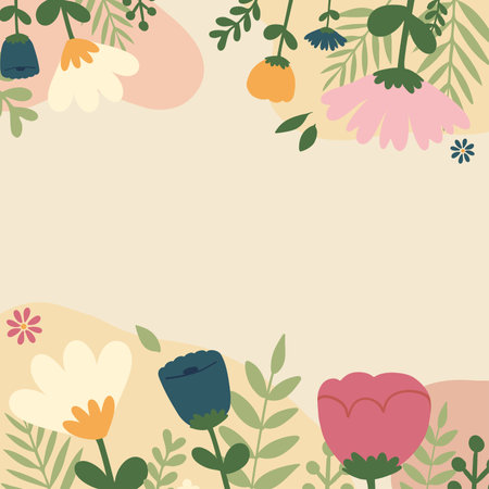 minimal flat vector spring illustration square frame background with space for text. Creative layout of spring elements for banner, template, social media, advertisement concept usのイラスト素材