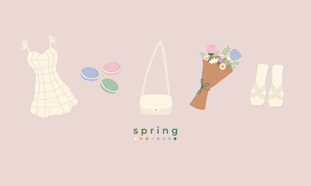 hand drawn vector flat illustration set of spring season holiday. Cute elements doodle collection. For poster, card, scrapbookin , tag, invitation, headboard, banner, graphic resouのイラスト素材