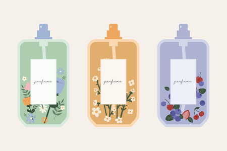 hand drawn vector illustration set of fresh floral and berry perfume. Bottles with flower and berries concept. Valentine, birthday, women, mother's day. For card, sticker, invitatiのイラスト素材