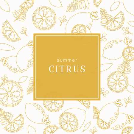 minimal line drawing cover template with square text in gold. Tropical citrus lemon fruits and leaves vector illustration. For social media, packaging, poster, card, tag, invitatioのイラスト素材
