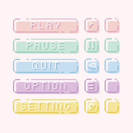 Pastel interface menu bar button 8 bit pixel art collection set. Computer game text and icon for play, pause, quit, setting, option. For game development, mobile app, social mediaのイラスト素材