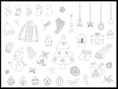 hand drawn vector flat illustration of a set of monochrome line winter christmas holiday collection. Elements doodle collection in flat style. for winter poster, card, scrapbookingのイラスト素材
