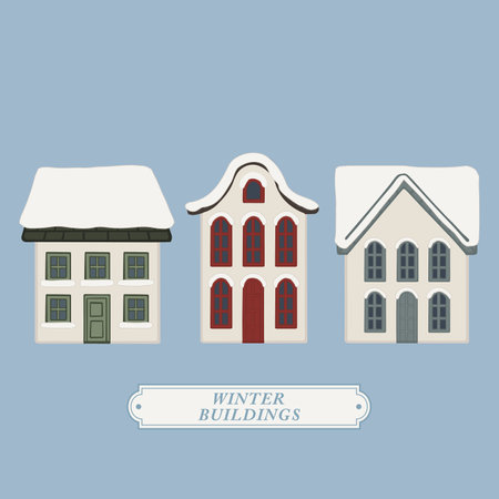 Europe Dutch style building and houses facade in winter hand drawn illustration collection elements. For decoration, concept proposal, design, postcard, banner, social mediaのイラスト素材