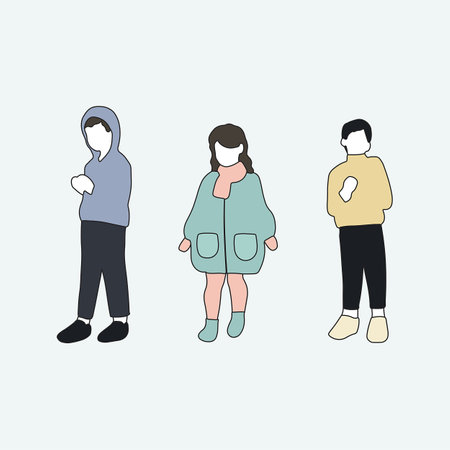 flat minimal children male and female vector illustration in winter clothing with outline concept isolated set collection. For architecture rendering, graphic design, info graphic,のイラスト素材